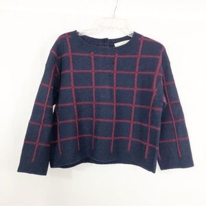 LOFT Merino Wool Sweater, Size Small, Navy Blue and Burgandy Checkered